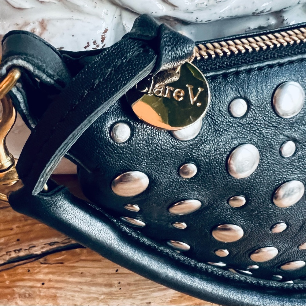 Clare V Black Leather Studded Petite Moyen Shoulder Bag with Silver Studs - Picture 8 of 16